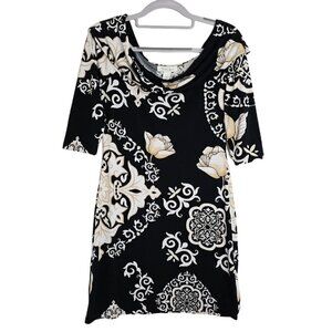 WHITE HOUSE BLACK MARKET Dress size XS BLACK TAN WHITE FLORAL Summer Art to Wear